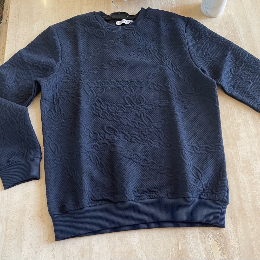 Mens Crewneck Sweater in Blue with Ribbed Hem
